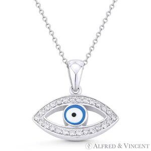 Evil Eye Luck Charm Enamel CZ Crystal Pendant in .925 Sterling Silver w/ Rhodium